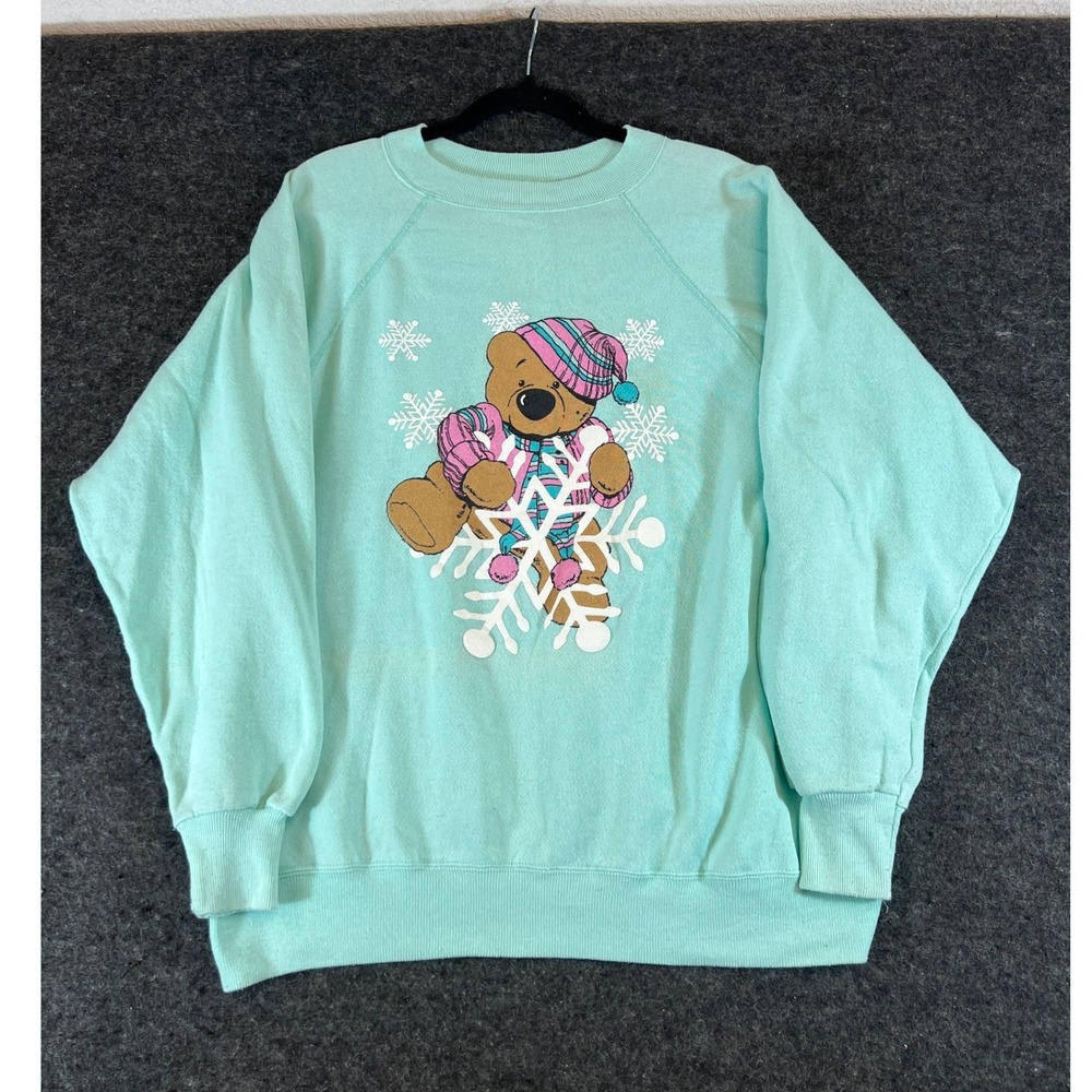 VTG 80s Mint Green Teddy Bear Snowflake Raglan Sweatshirt Women XL Christmas USA